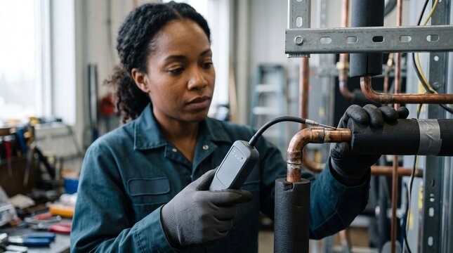 Technician scans a refrigerant line joint for leaks