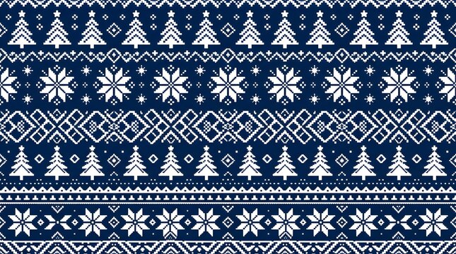Nordic christmas sweater pattern with white pine trees and snowflakes