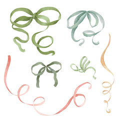 Fototapeta premium Watercolor set of delicate bows and curl ribbons, nostalgic collection with isolated accessories for your holiday design Christmas cards, invitation or greeting card, poster or print, hand-drawn image