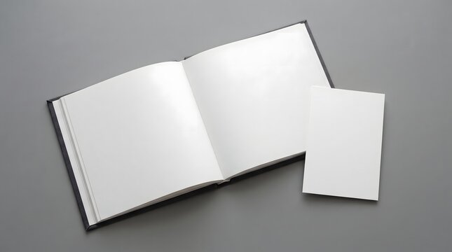 Open blank book with clean white pages and a loose paper sheet on a gray surface, offering a minimal editorial mockup for publishing and design projects