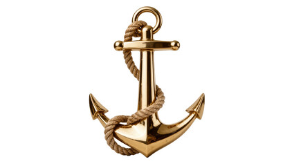 Shiny golden anchor with thick rope, isolated on transparent background © pixter