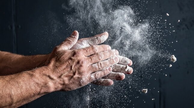 Powerlifter Chalk Prep, An athlete claps hands together, releasing a dramatic cloud of white chalk dust