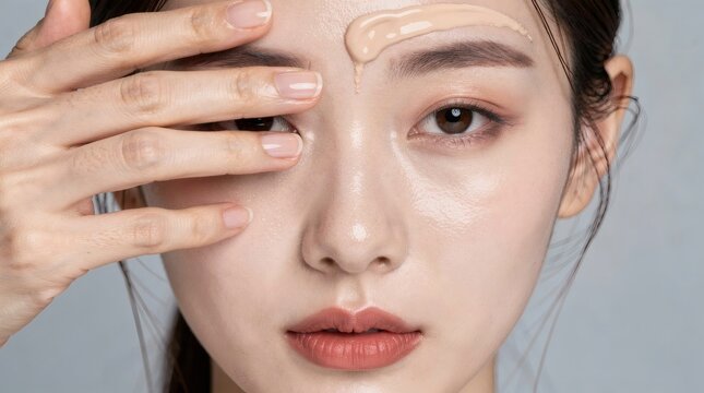 Asian female model puts liquid foundation on her forehead before blending it.