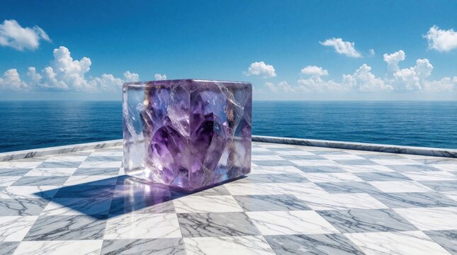 Translucent amethyst crystal cube sits on white marble checkered terrace. Surreal geometric object with purple gemstone texture overlooks calm blue ocean. Sunny day with bright sky, clouds creates