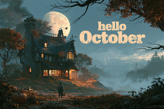 Nastrojowy, jesienny pejzaż z rozświetloną chałupą, pełnią na niebie i napisem &bdquo;hello October&rdquo;. Samotna postać idzie ścieżką w kierunku domu, spowitego wieczorną mgłą.