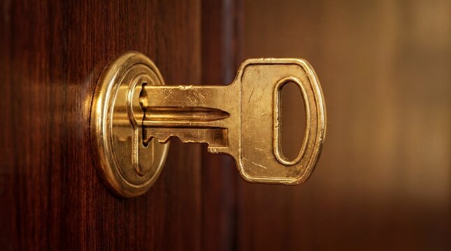 Door Unlocking, A polished brass key enters the keyhole of a solid mahogany wooden door