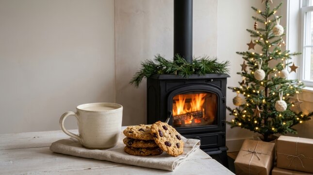 Fresh chocolate chip cookies beside warm milk mug, cozy holiday baking scene, homemade Christmas dessert photography on white wooden table