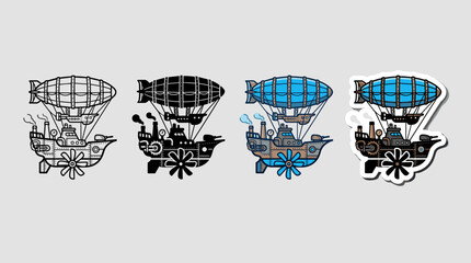 Dieselpunk Air Galleon Icon Set: Retro-Futuristic Airship with Propeller in Outline, Solid, Colored, and Sticker Styles © BestFren