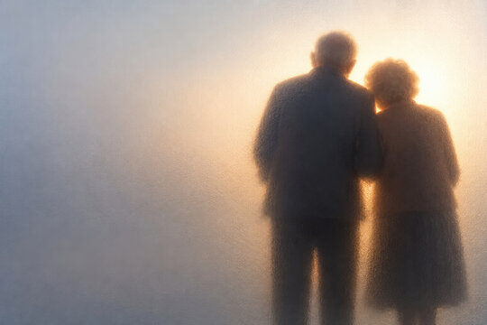 Elderly couple stands together behind frosted glass. Space for text.