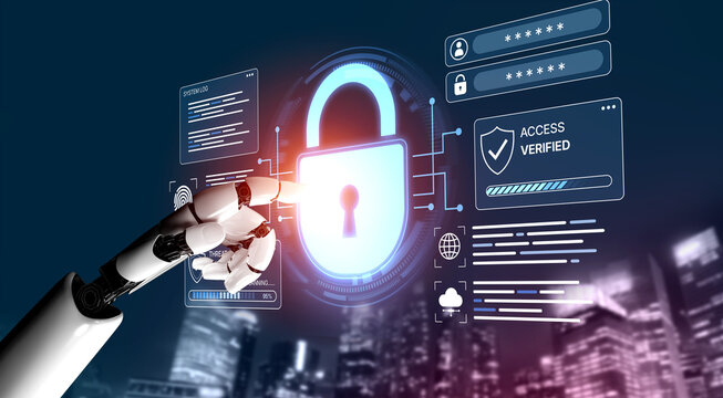 A modern robot hand approaches a glowing digital lock, symbolizing security and the integration of artificial intelligence in technology. Perfect for concepts in cybersecurity. Nascent