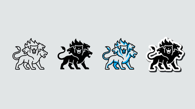 Chimera mythological creature vector icon variations, depicting a multi-headed beast in outline, filled, blue highlight, and sticker styles.