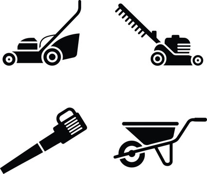 Lawn mower set with garden wheelbarrow and leaf blower icons, black silhouettes for landscaping maintenance, yard work equipment for grass cutting