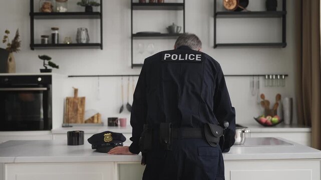 Tired police officer returns home after difficult workday and leans on table