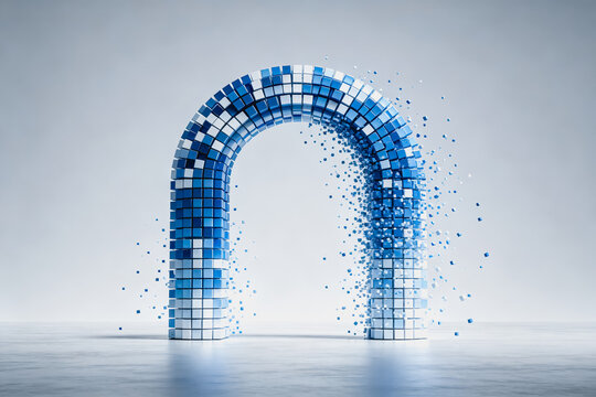 A 3D digital arch made of blue and white pixel cubes, partially disintegrating into small fragments against a plain light gray background.