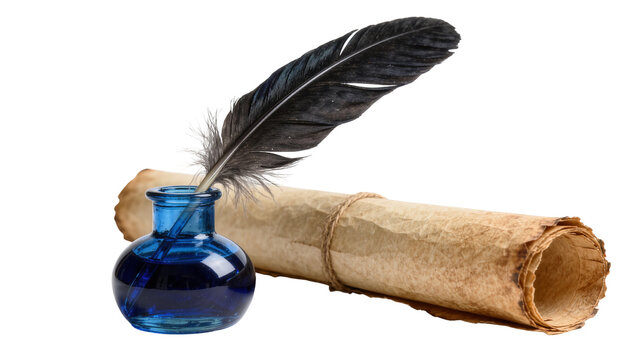 Black feather quill in blue inkwell next to rolled parchment scroll, isolated on transparent background