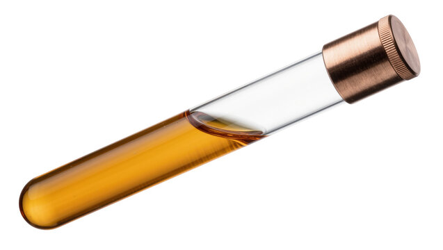 Glass test tube with amber liquid and copper cap, isolated on transparent background