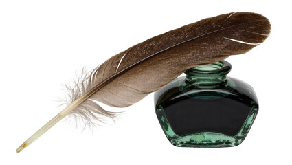 Brown feather quill resting on a green glass inkwell filled with black ink, isolated on transparent background © xing