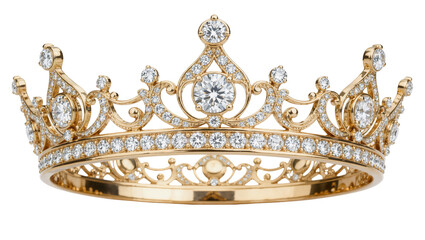 Ornate golden tiara with sparkling diamonds, isolated on transparent background © xing