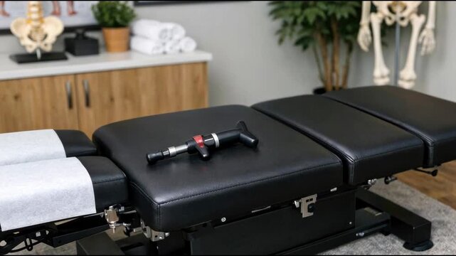 Medical examination table with a skeleton in the background