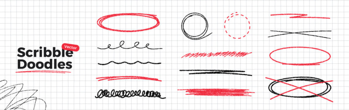 Hand drawn scribble doodle set. Red and black brush stroke circles, underlines, lines and rough highlight marks. Grunge sketch texture elements on notebook paper. Crayon ovals. Vector illustration