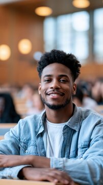 Confident young man with curly hair wearing denim jacket smiling while sitting relaxed in a bright modern classroom filled with natural light and blurred studen