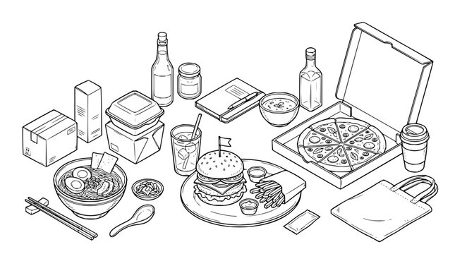 Isometric line art arrangement of fast food delivery items featuring pizza, burger, ramen, beverages, and packaging materials for food service concepts