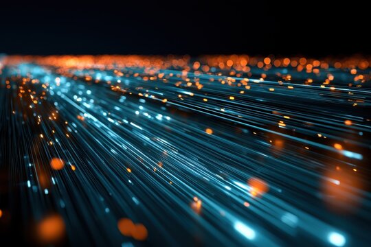 Futuristic digital data streams flowing in parallel lines with glowing blue and orange lights in a high-tech network environment