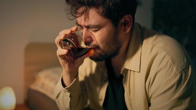 Drinking alone in quiet bedroom as depressed adult male stares downward. Severe emotional despair