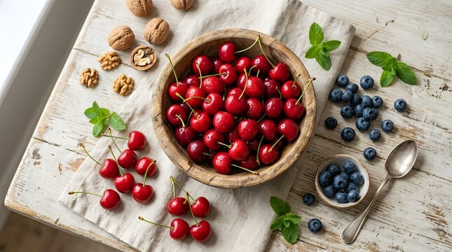 Farm fresh sweet red cherries in a wooden bowl after cherry picking harvest for organic nourishment and vitamin rich antioxidant diet concept on rustic wooden table