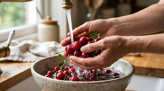 Hands washing fresh cherries in cool water under vintage kitchen tap after summer cherry picking harvest for organic food preparation and healthy nutrition concept