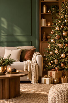 Decorated Christmas tree with golden ornaments and lights next to a cozy sofa in a dark green living room. Festive holiday interior, seasonal home decoration, winter celebration.