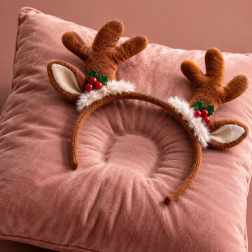 Festive reindeer antler headband lies on a pink velvet cushion.
