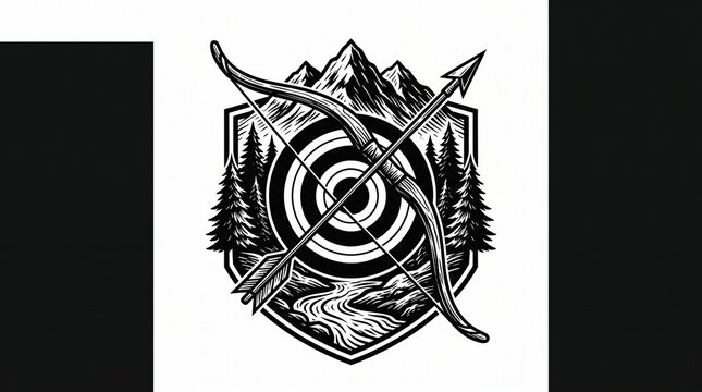 Traditional archery emblem with bow arrow target and mountain forest
