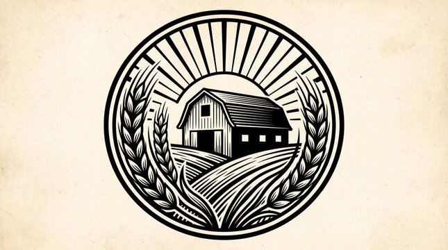 Rustic farm barn logo with wheat stalks and sun rays in a circular
