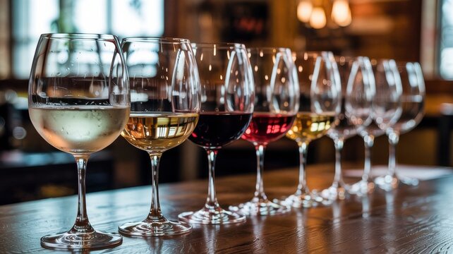 French cuisine. Wine flight. A set of several types of wine in glasses, intended for comparative tasting of flavors and aromas.