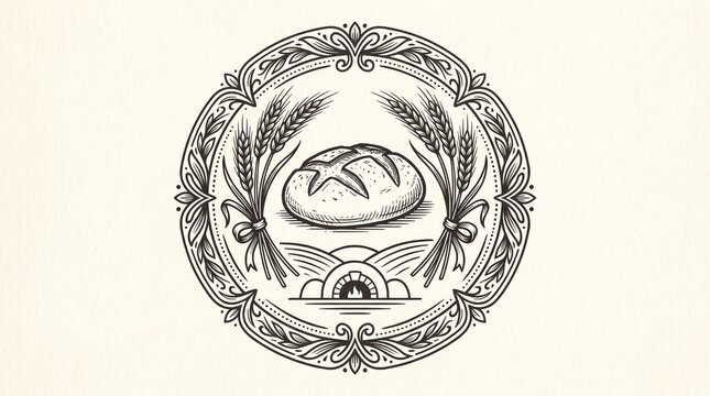 Vintage bakery logo emblem with hand drawn bread loaf and wheat