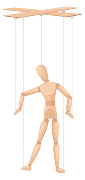 Wooden doll hanging on strings. Manipulation cartoon icon