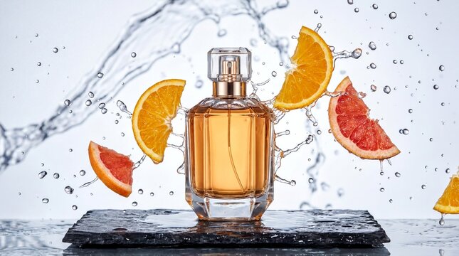 Fragrance Splash, An amber perfume bottle sits amidst exploding citrus and splashing water