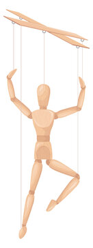 Human model puppet on puppeteer strings. Wooden doll dancing
