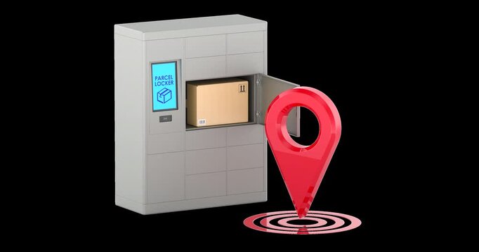 Parcel locker door opening and closing with package and location pin animation seamlessly loopable. 3D rendering isolated on transparent background