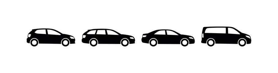 Obraz premium Set of black vehicle silhouettes showing various car body styles isolated on a white background