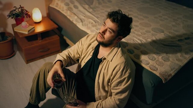 Distressed adult male shows male vulnerability while sitting on bed. Acute grief and deep sorrow