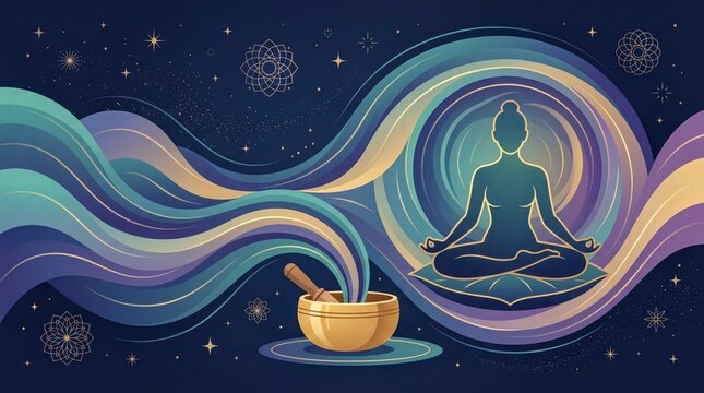 Sound Healing, Vibrant acoustic waves emanate from a golden singing bowl to envelop a meditating figure
