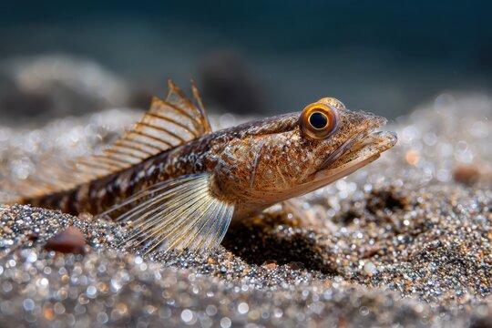 Brown mottled fish camouflaged on sandy seabed with translucent fins and bright yellow eye in shallow coastal waters under natural light conditions