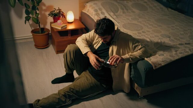 Solitary drinker adult male rests on bedroom floor holding whiskey bottle. Severe depression pain
