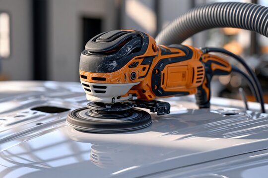 Electric sanding machine in action polishing a smooth white painted metal surface in a bright industrial workshop environment
