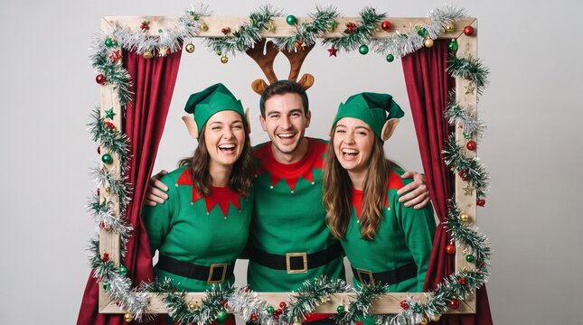 Three joyful elves in festive green outfits laugh together inside a decorated photo frame.