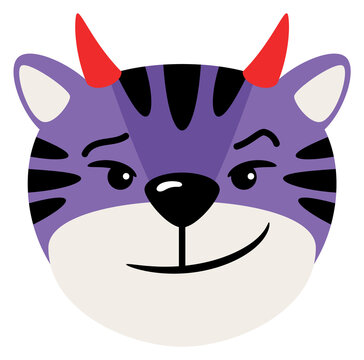 Purple cat with devil horns. Wicked tiger emoji