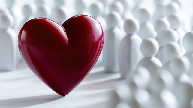 Red heart symbol standing out among blurred white figurines representing distinction and love in a crowd with soft background focus and lighting