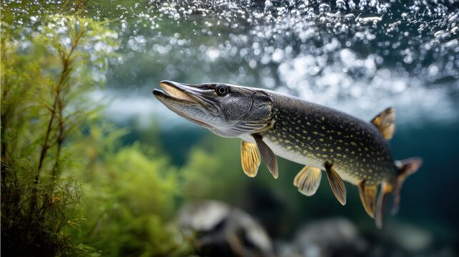Freshwater pike swimming underwater among aquatic plants with detailed scales and fins surrounded by bubbles in a natural habitat scene